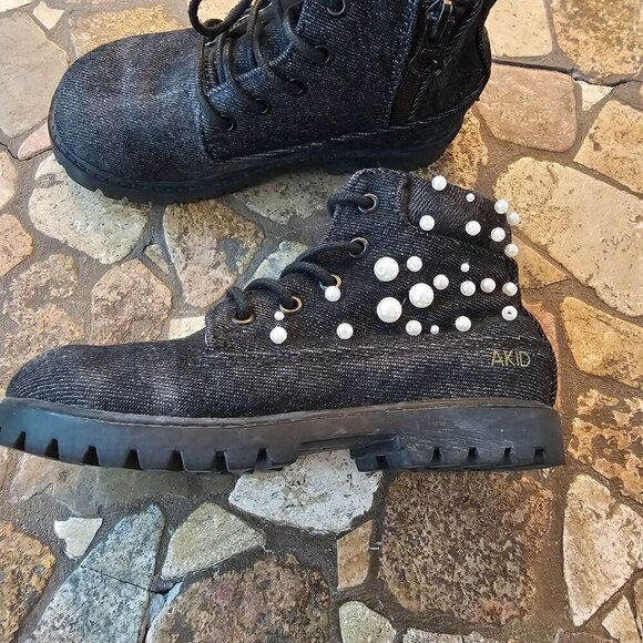 AKID Kids Black Denim Pearly Studded Boots Lace-Up & Side Zipper Size 10C - Picture 7 of 10